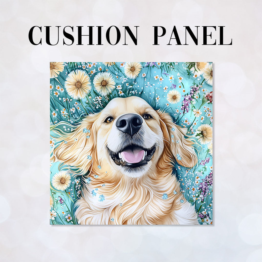 CUSHION Golden Retriever and Dandelions Fabric Panel CP-573