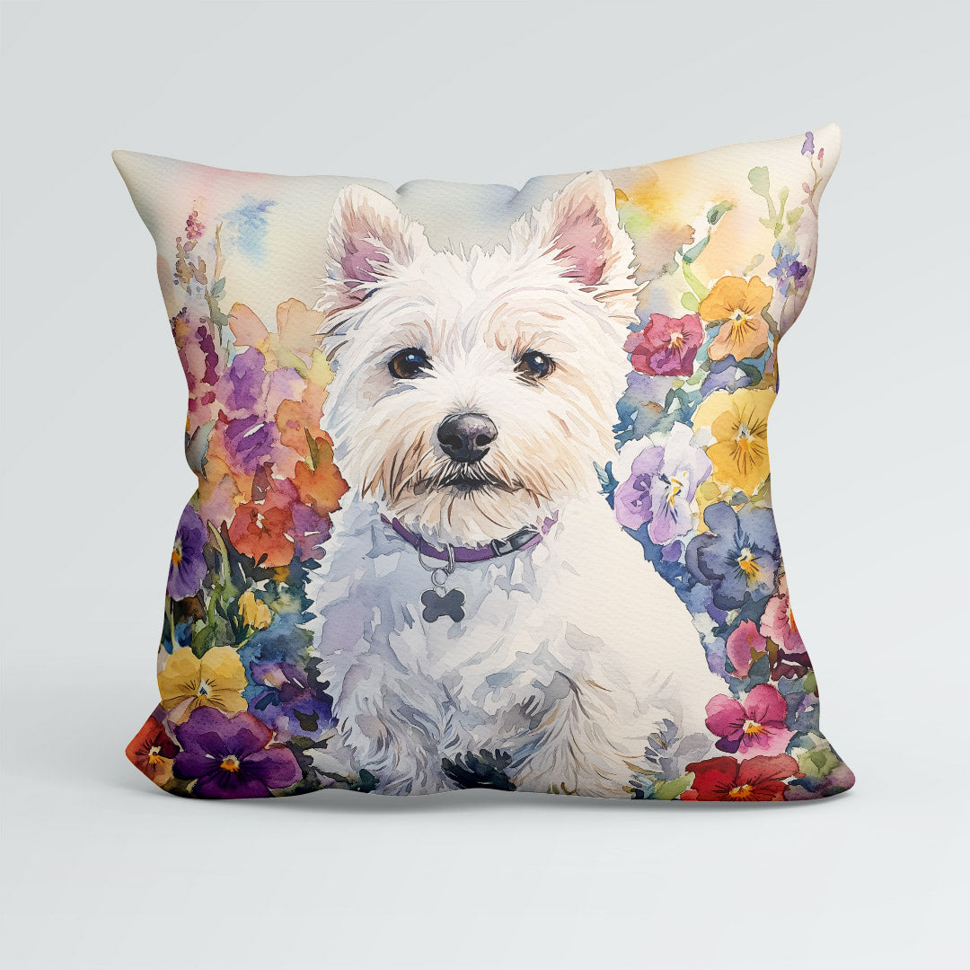 CUSHION West Highland Terrier and Pansies Fabric Panel CP-590