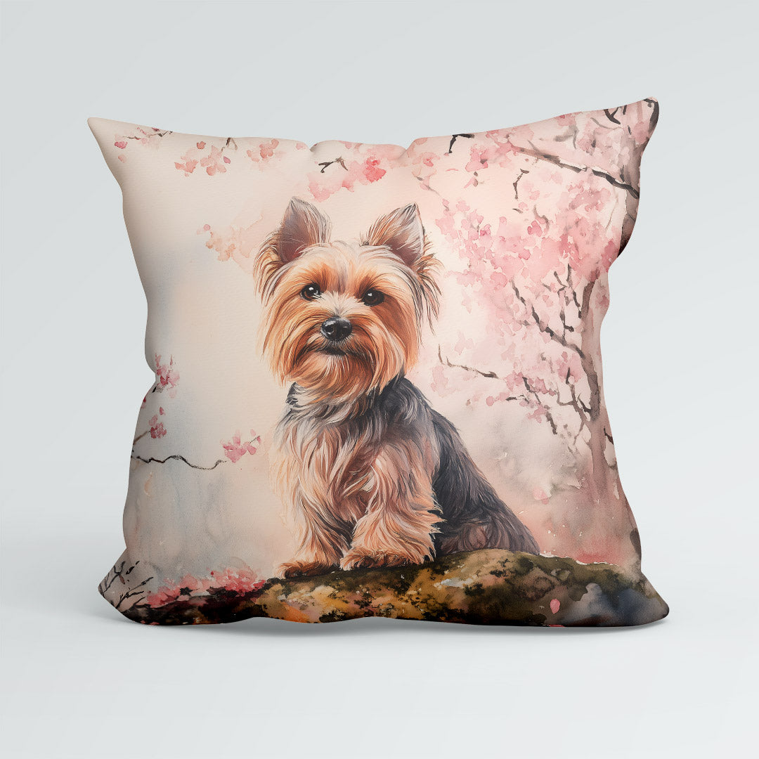 CUSHION Yorkshire Terrier and Cherry Tree Fabric Panel CP-595