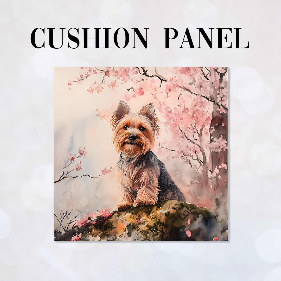 CUSHION Yorkshire Terrier and Cherry Tree Fabric Panel CP-595