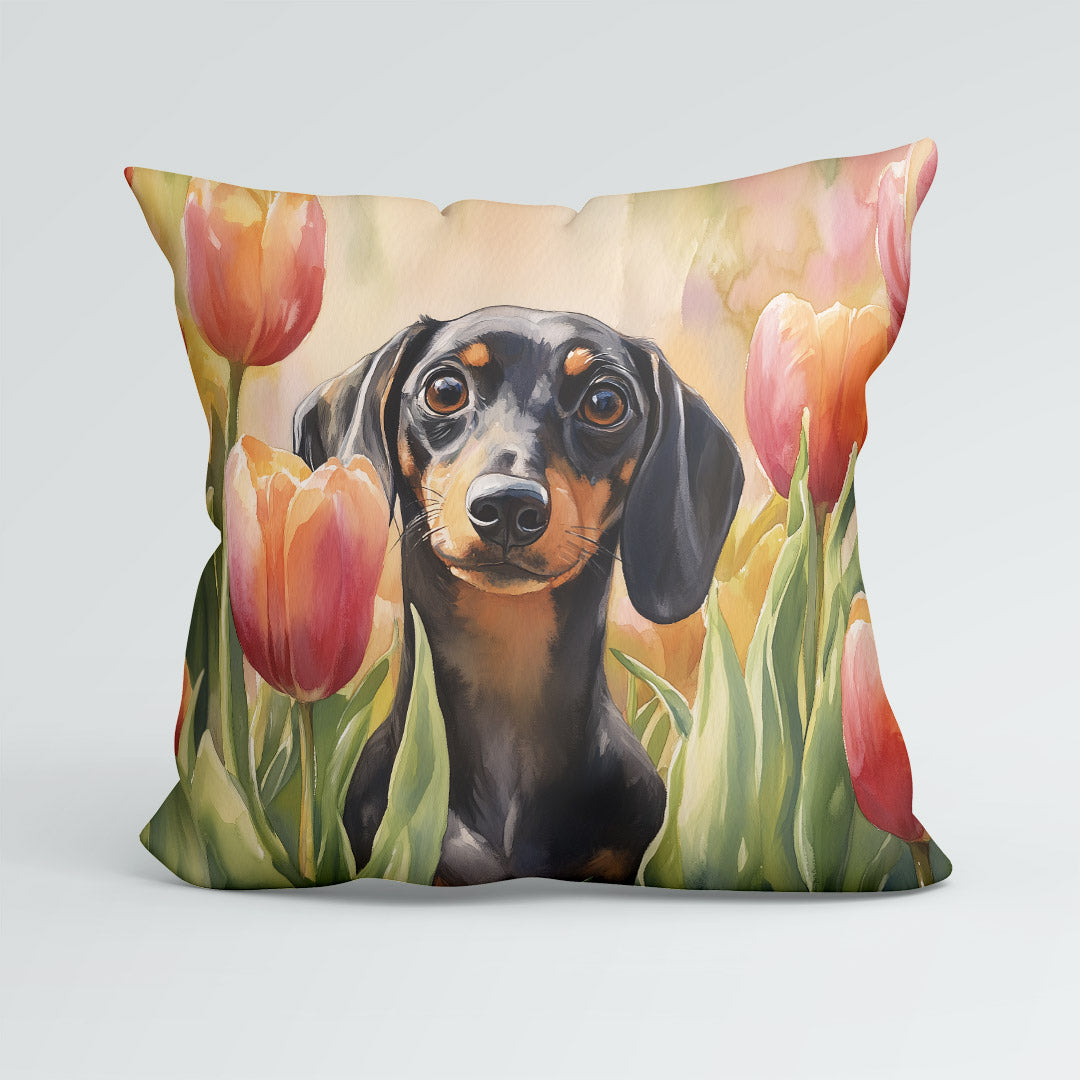 CUSHION Dachshund and Tulips Fabric Panel CP-596