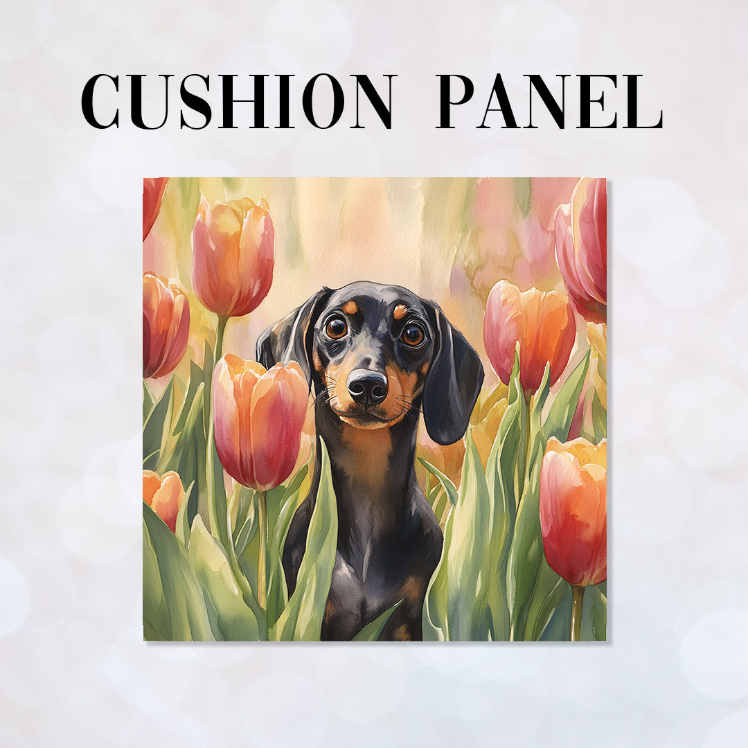 CUSHION Dachshund and Tulips Fabric Panel CP-596