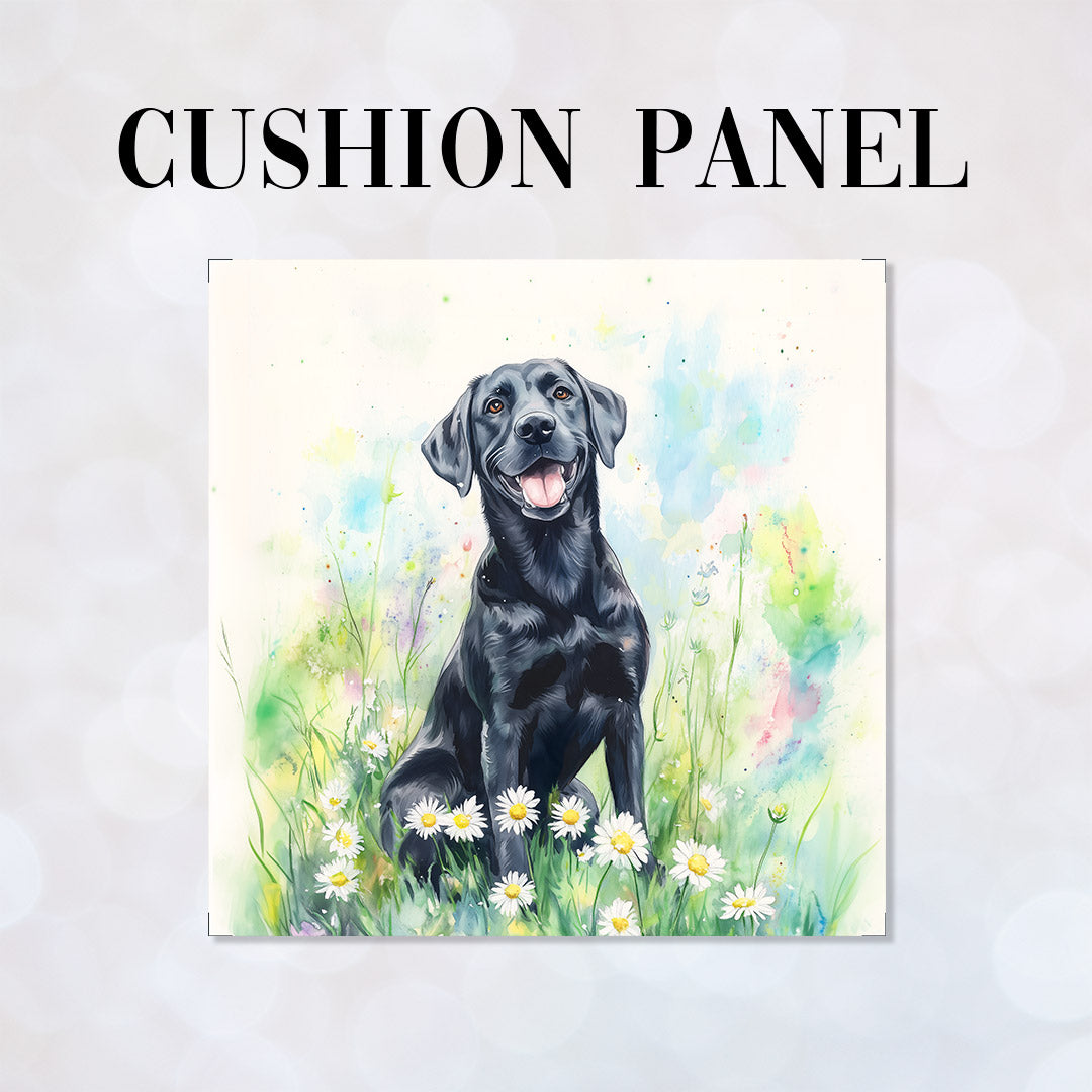 CUSHION Black Labrador and Daises Fabric Panel CP-602