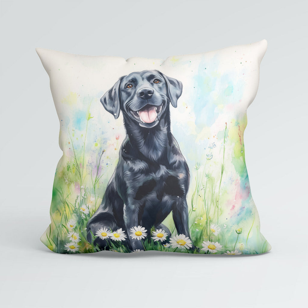 CUSHION Black Labrador and Daises Fabric Panel CP-602