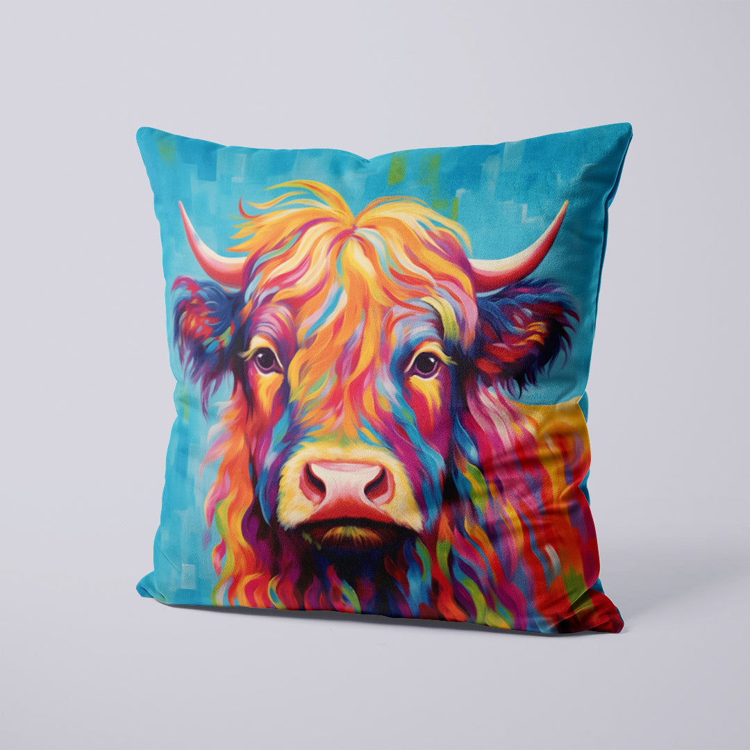 CUSHION Highland Cow on Blue Fabric Panel CP-623
