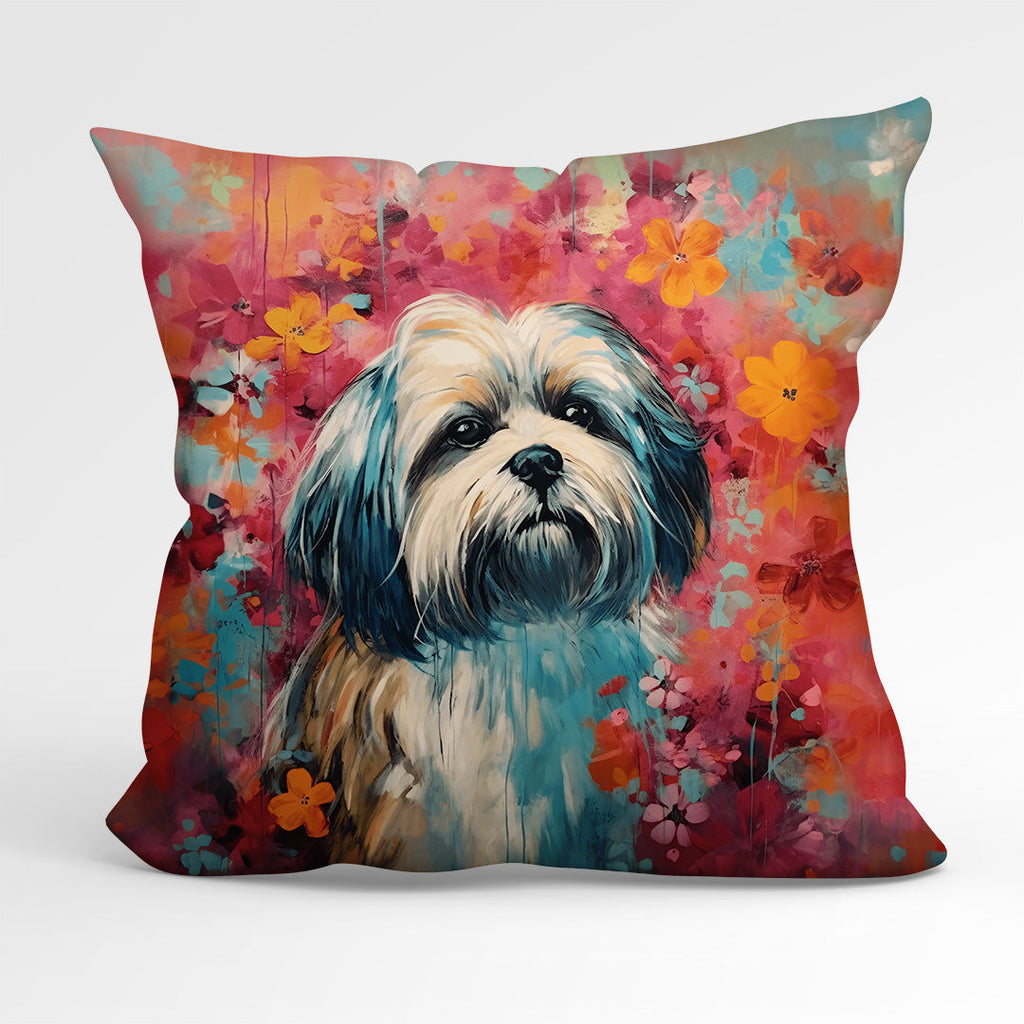 CUSHION Fabric Panel Floral Lhasa Apso CP-76