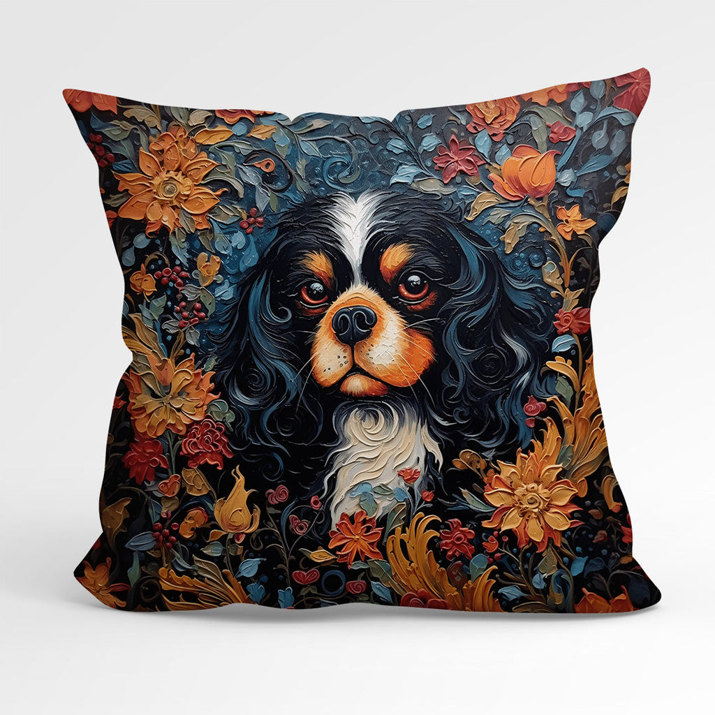 CUSHION Fabric Panel Floral Black and Tan King Charles Cavalier CP-81