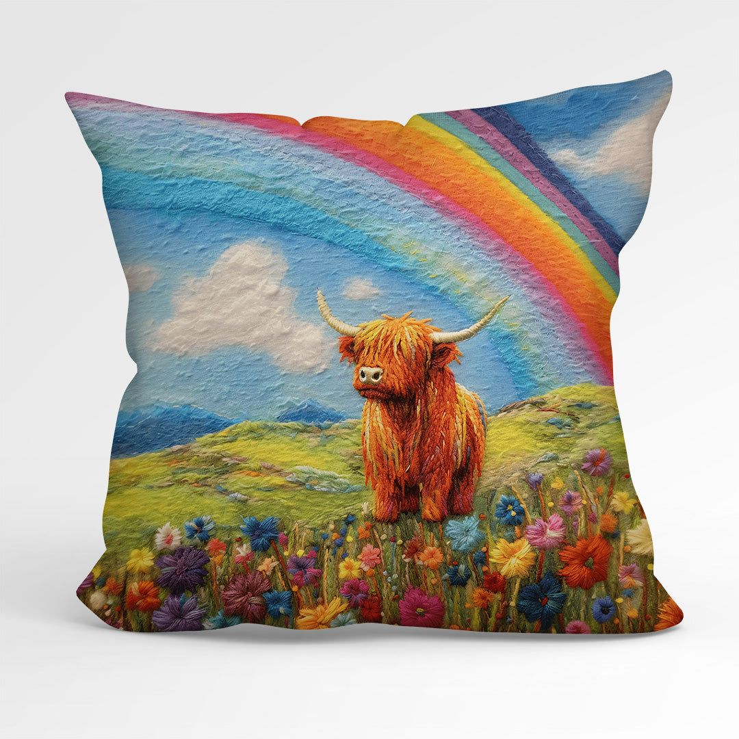 CUSHION Fabric Panel Felted Rainbow Highland Cow CP-84