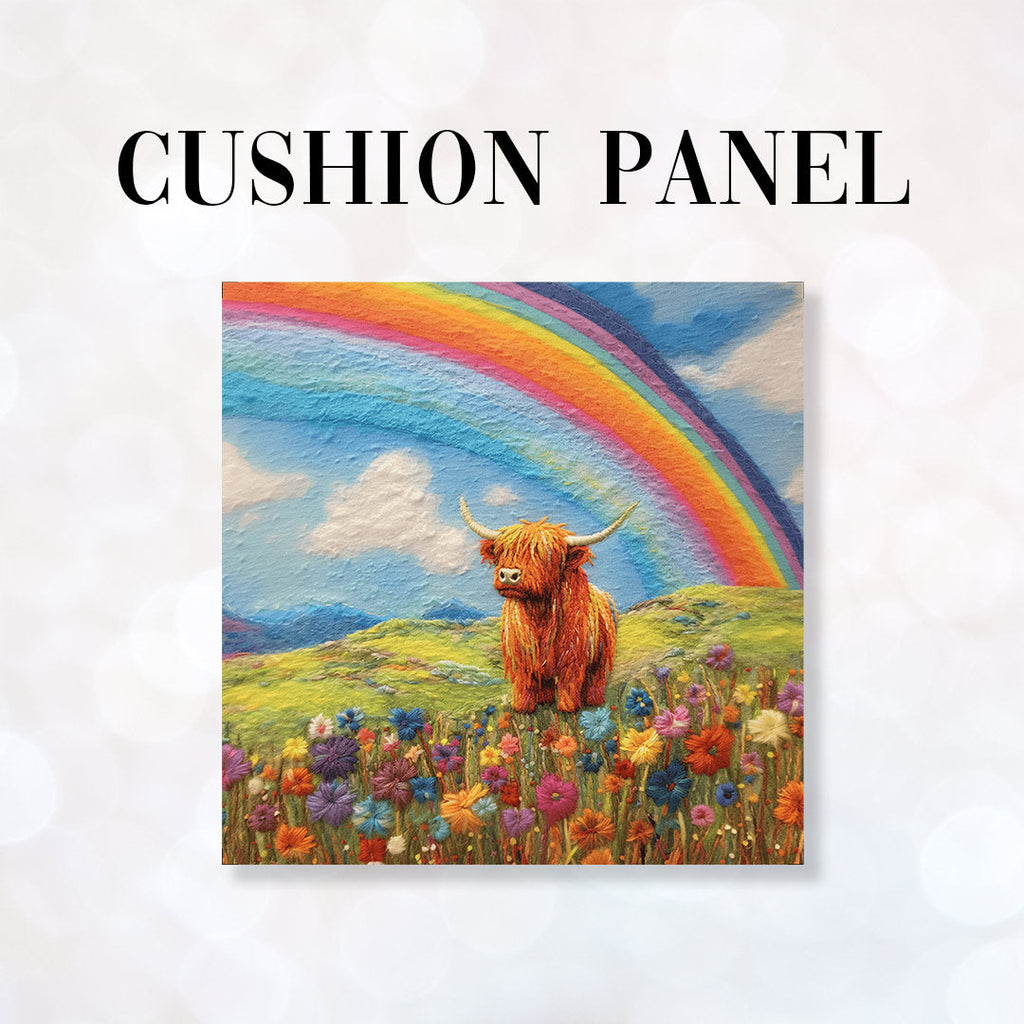 CUSHION Fabric Panel Felted Rainbow Highland Cow CP-84