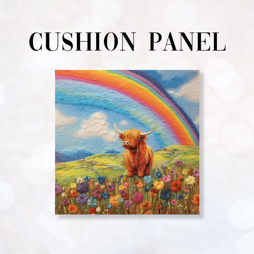CUSHION Fabric Panel Felted Rainbow Highland Cow CP-84