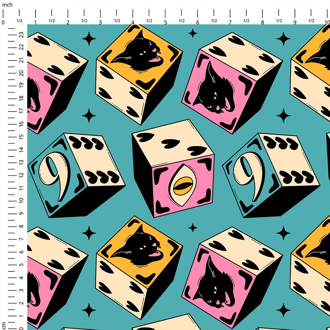 Cat Dice Blue Fabric