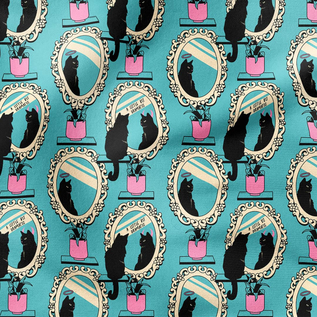 Cat Mirror Blue Fabric