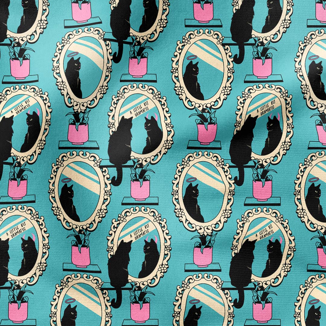 Cat Mirror Blue Fabric