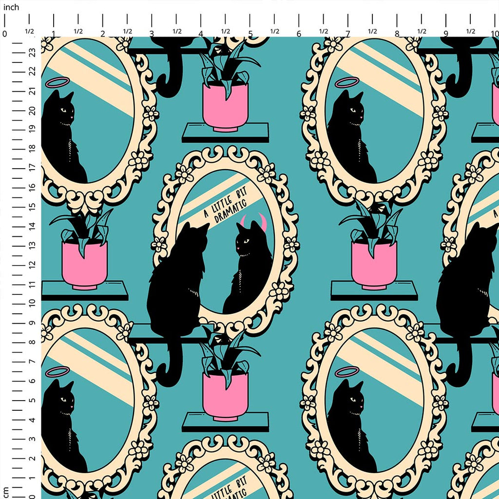 Cat Mirror Blue Fabric