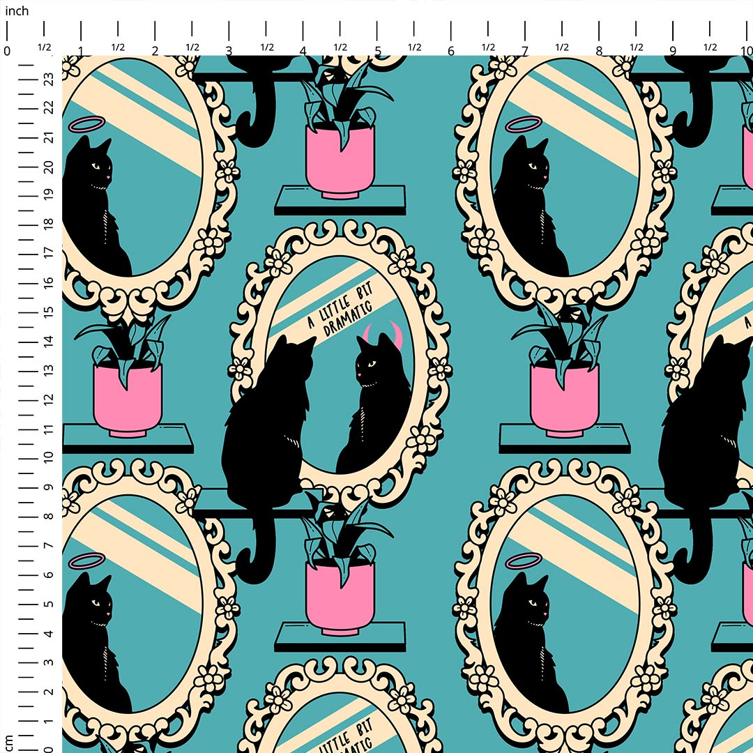 Cat Mirror Blue Fabric