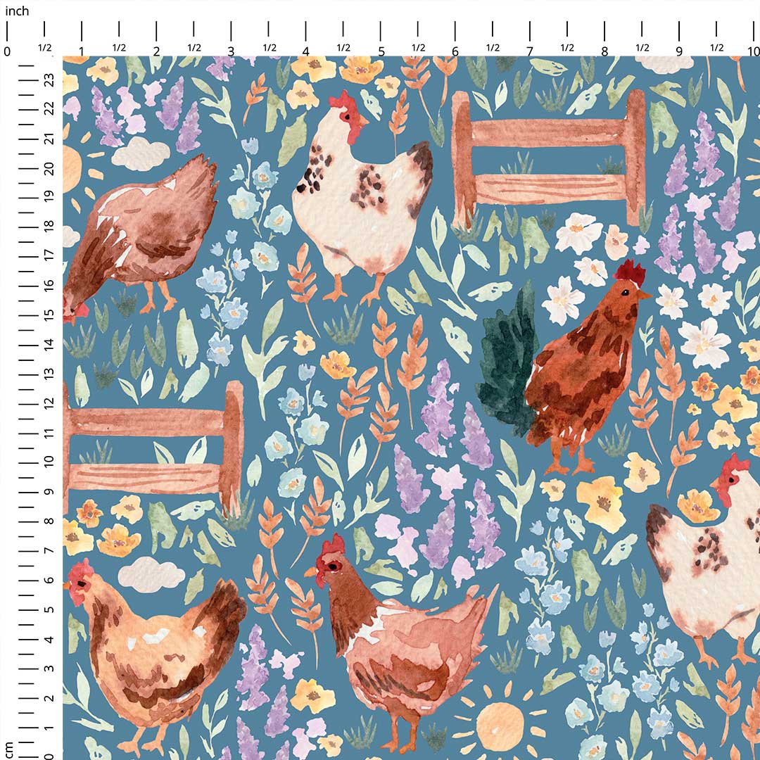 Chickens Blue Fabric