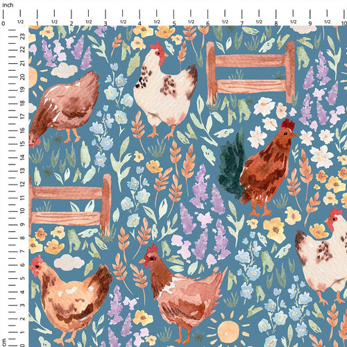 Chickens Blue Fabric