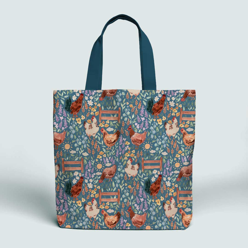 Chickens Blue Fabric