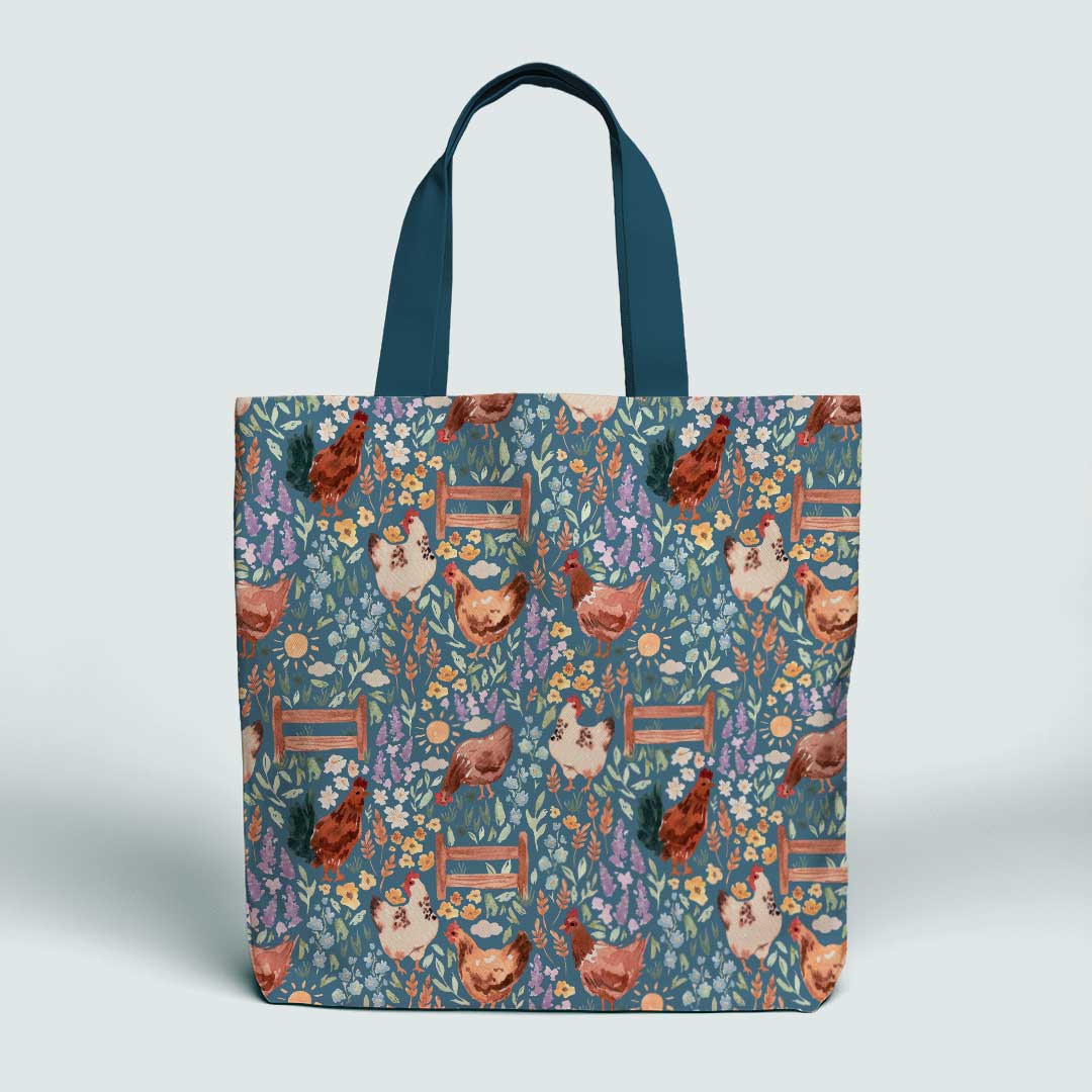 Chickens Blue Fabric
