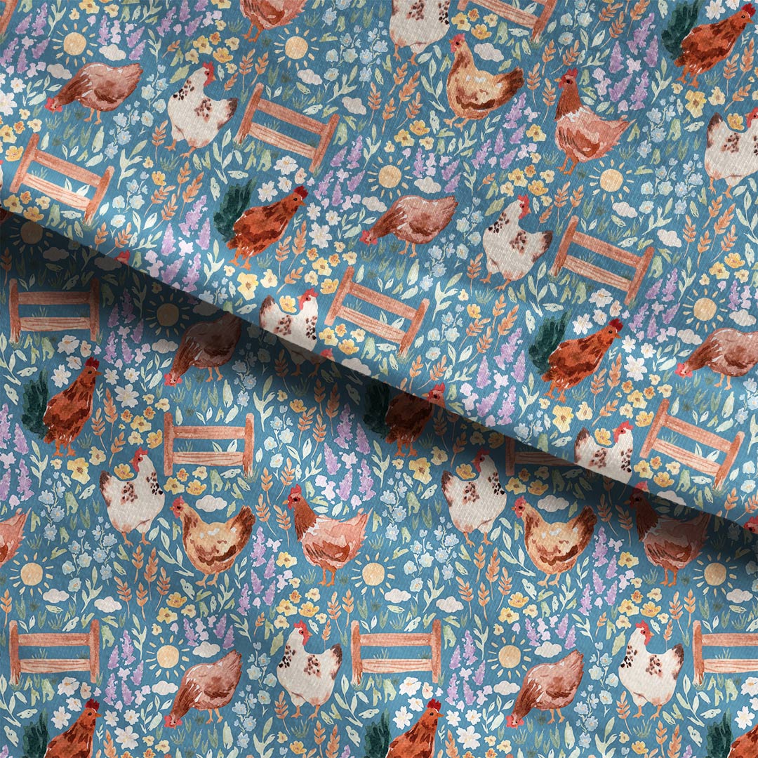 Chickens Blue Fabric