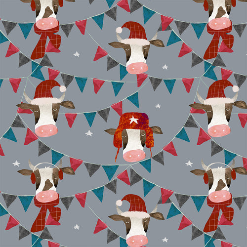 Christmas Bulls Grey Fabric