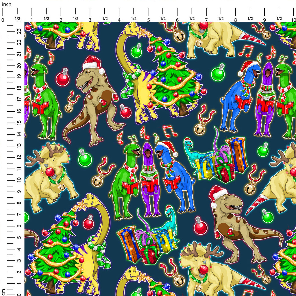 Christmas Dino Blue Fabric