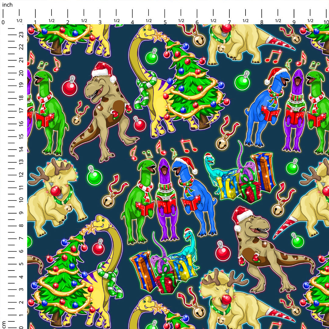 Christmas Dino Blue Fabric