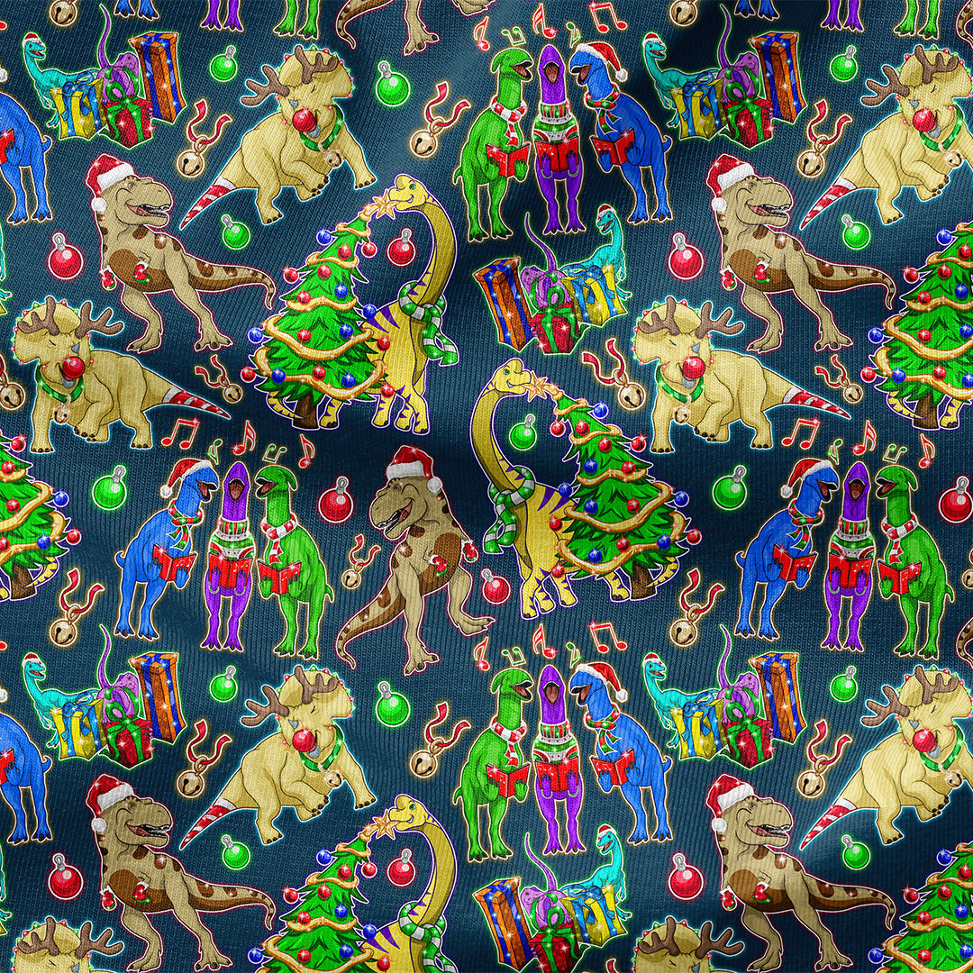 Christmas Dino Blue Fabric