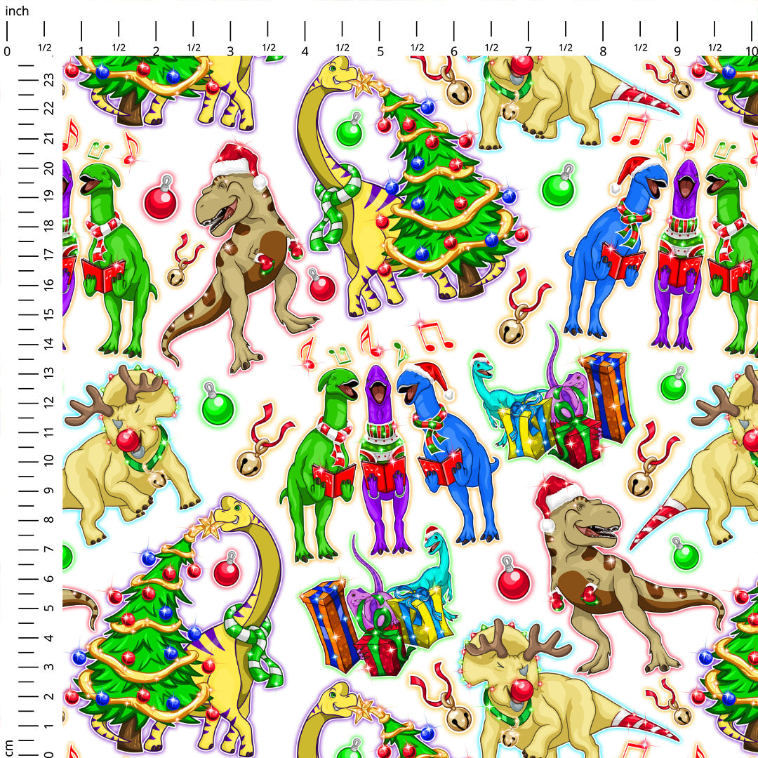 Christmas Dino White Fabric