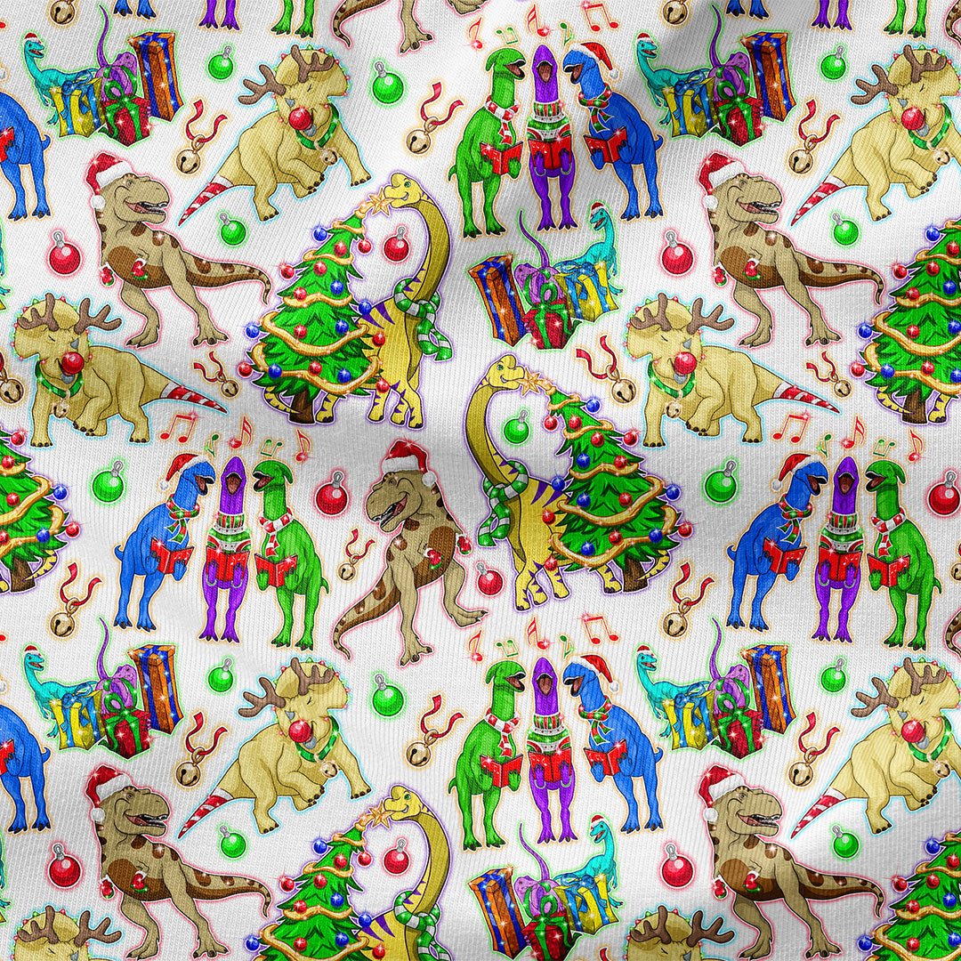 Christmas Dino White Fabric