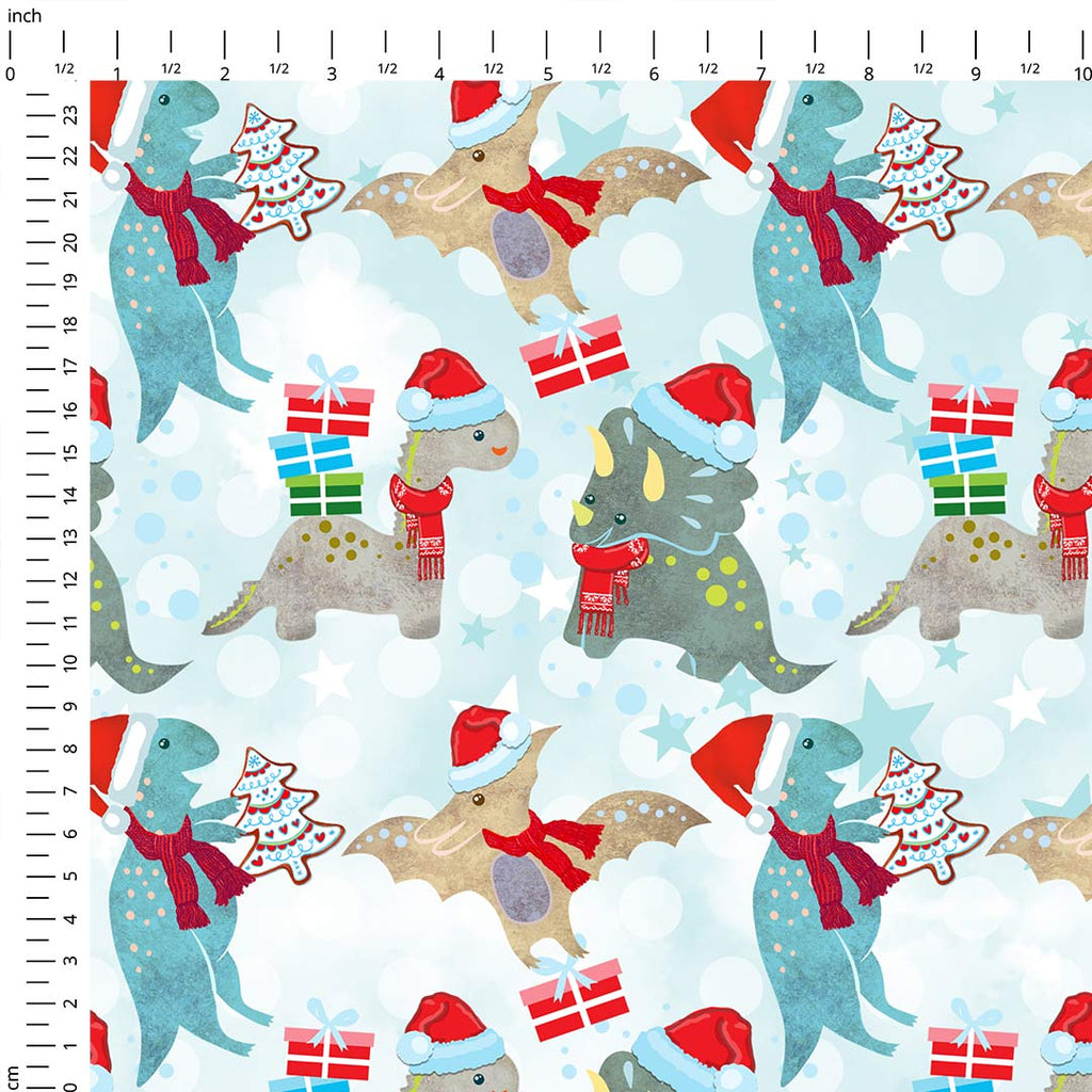 Christmas Dinosaurs Blue Fabric