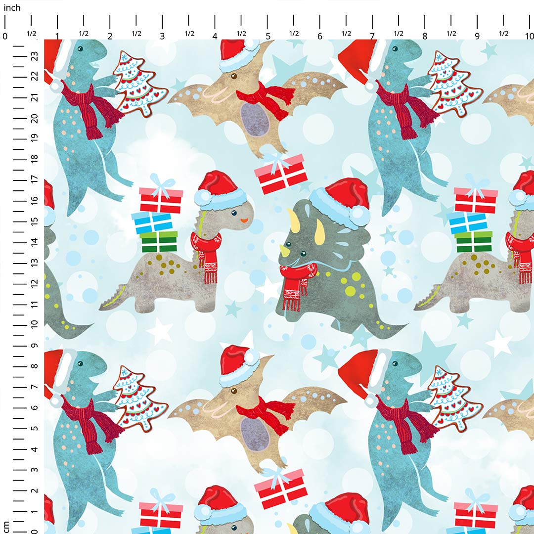 Christmas Dinosaurs Blue Fabric