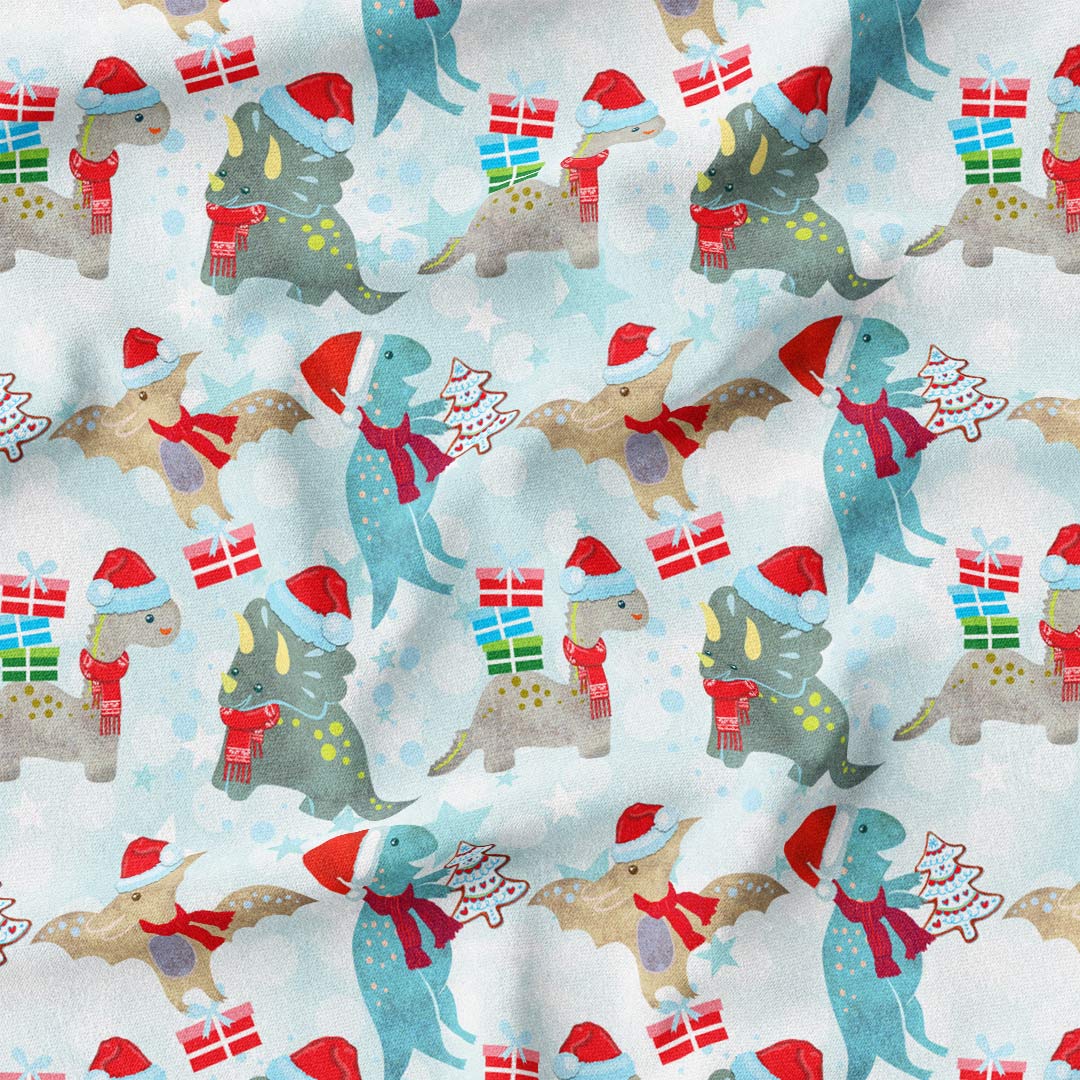 Christmas Dinosaurs Blue Fabric
