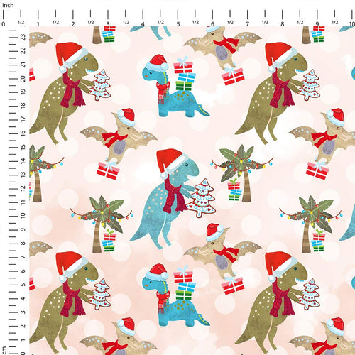 Christmas Dinosaurs Pink Fabric