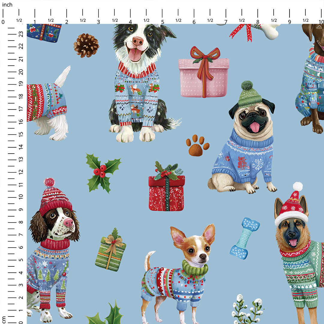 Christmas Dogs Blue Fabric