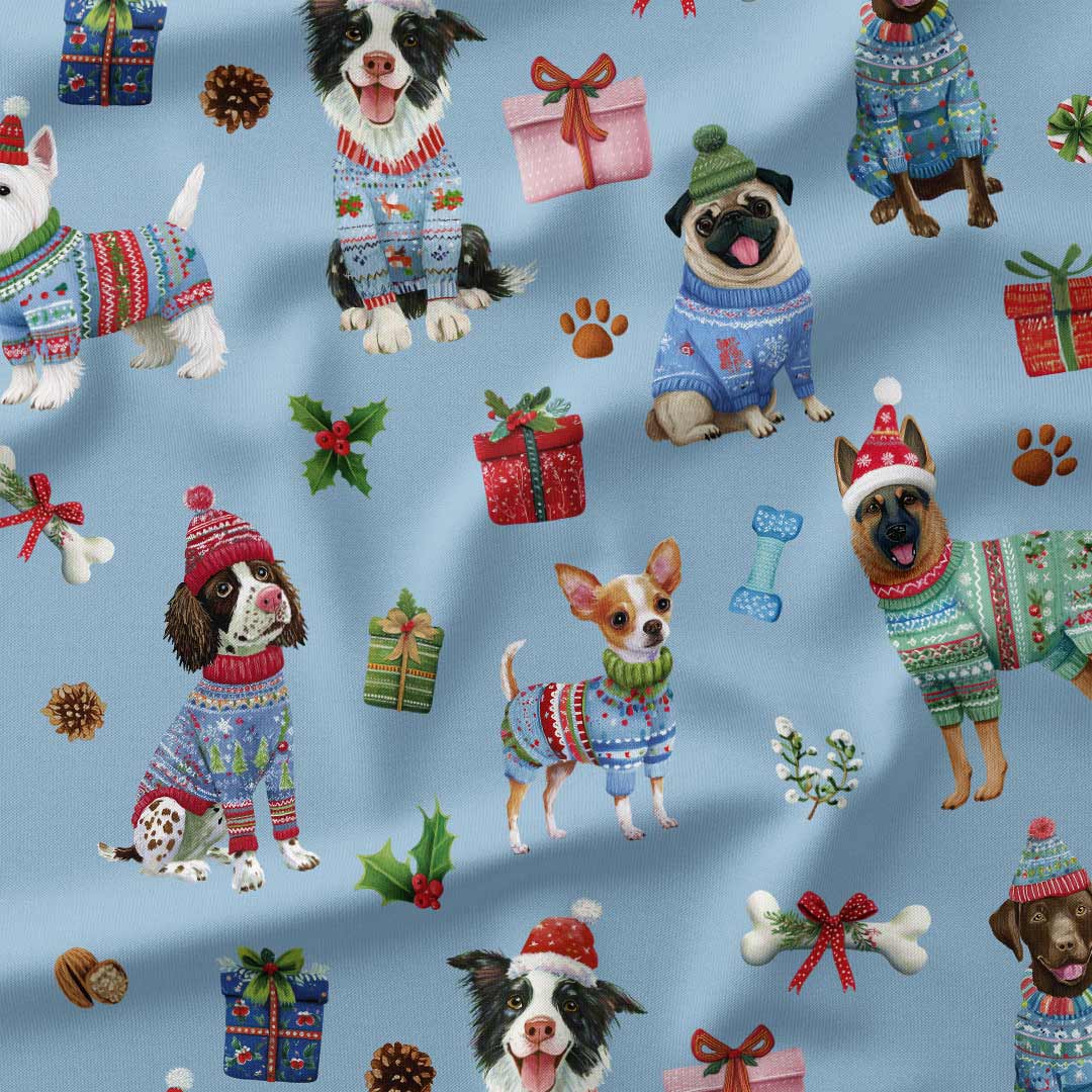 Christmas Dogs Blue Fabric
