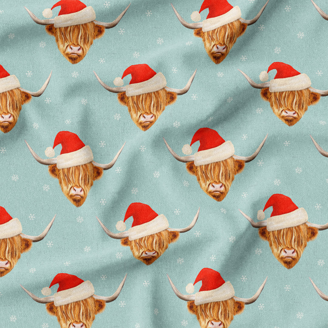 Christmas Highland Cows Blue Fabric