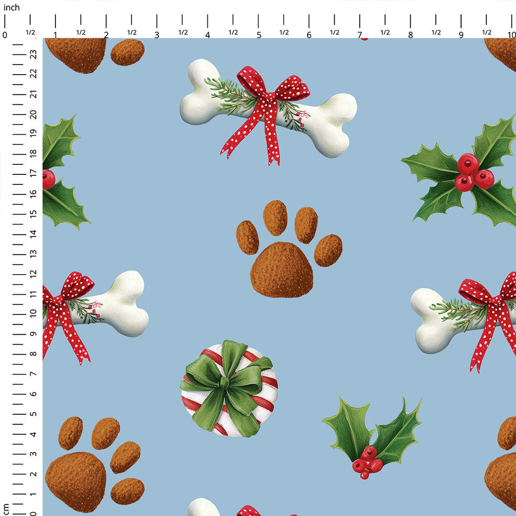 Christmas Paws Blue Fabric