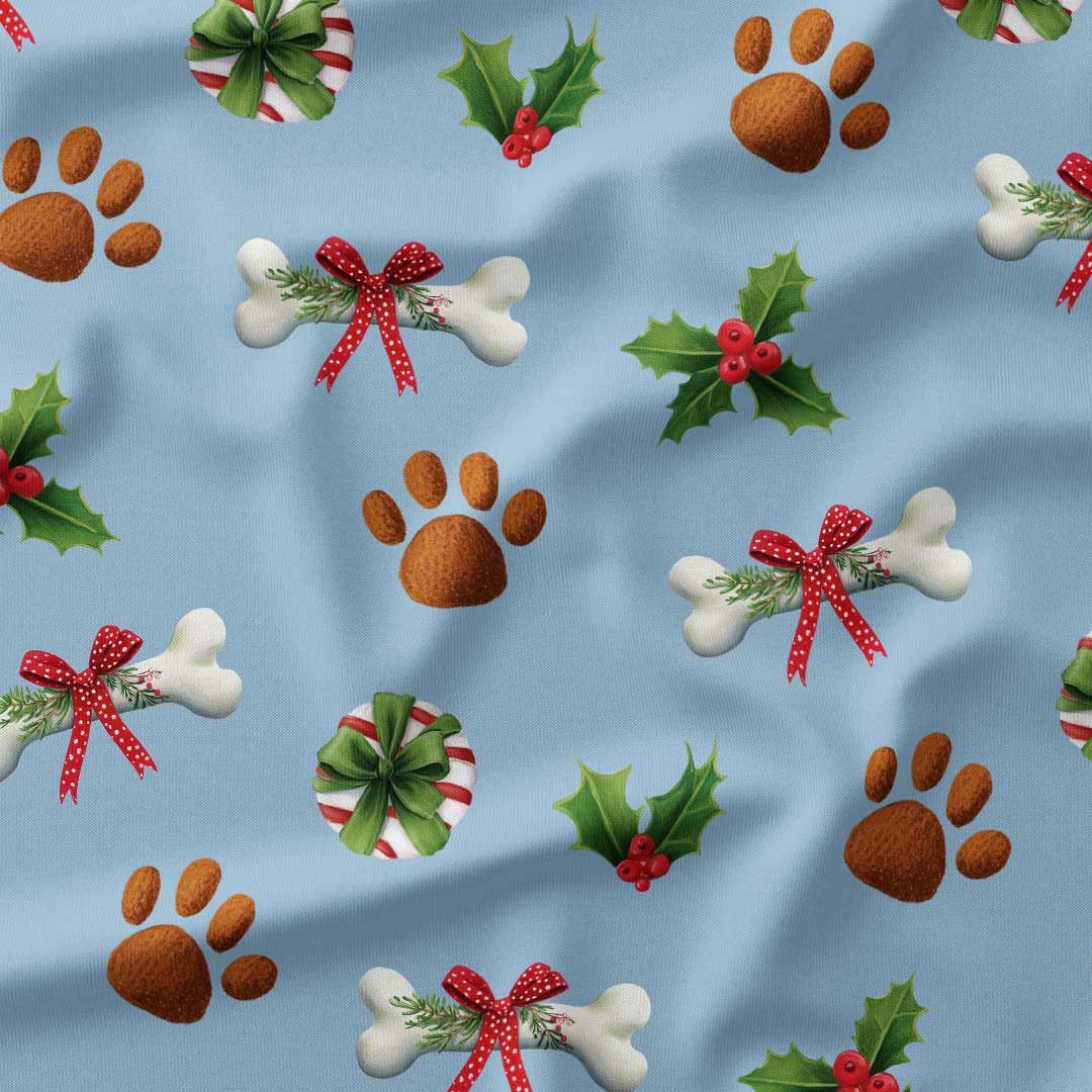 Christmas Paws Blue Fabric