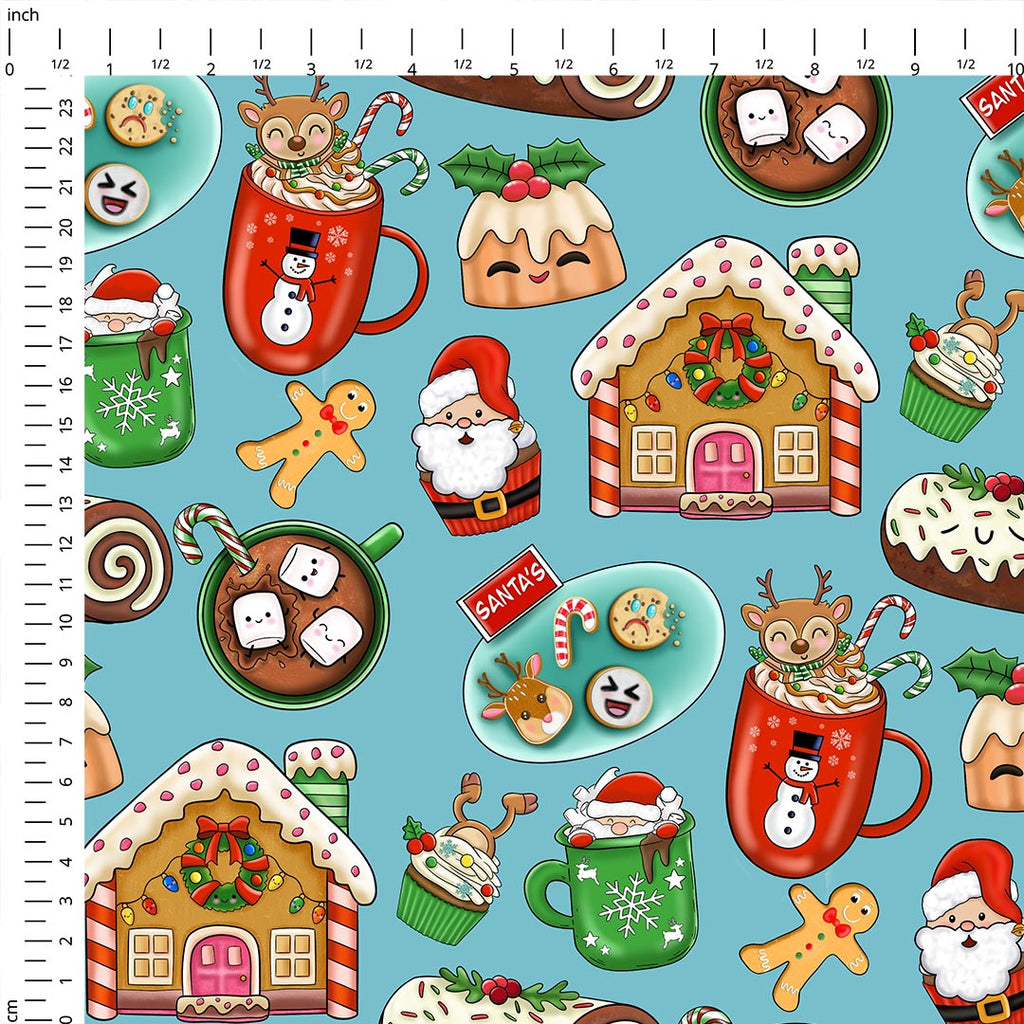 Christmas Snacks Teal Fabric