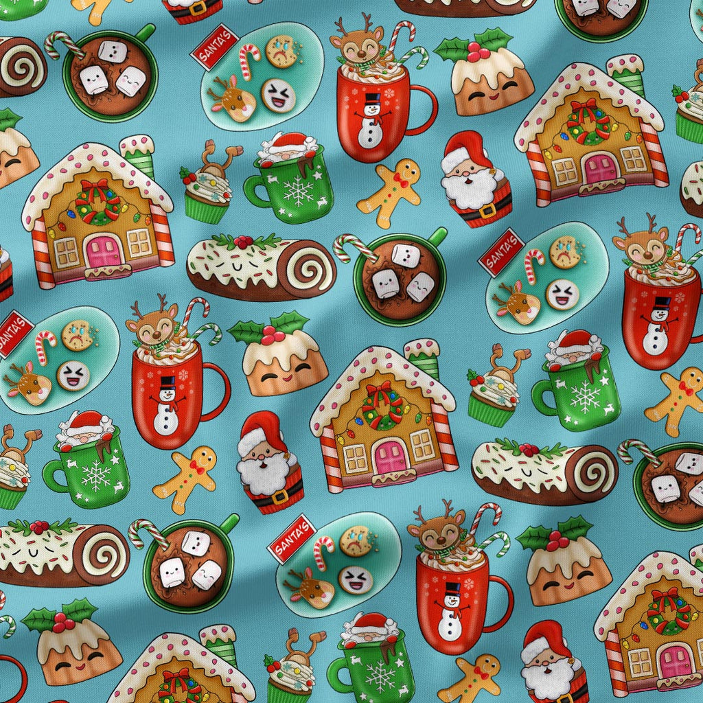 Christmas Snacks Teal Fabric
