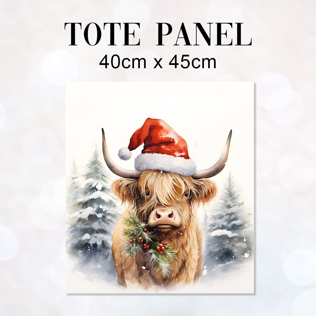 TOTE Christmas Highland Cow H-2 Fabric Bag Panel