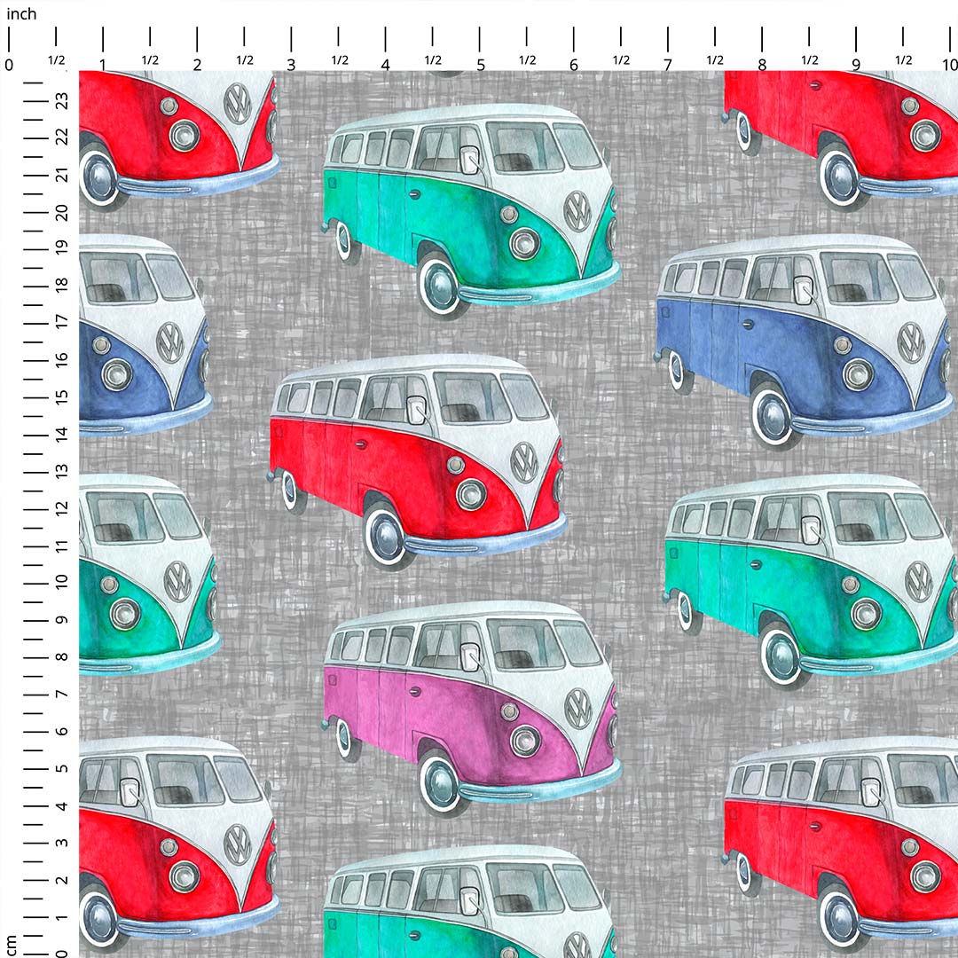 Colourful Camper Vans Grey Fabric