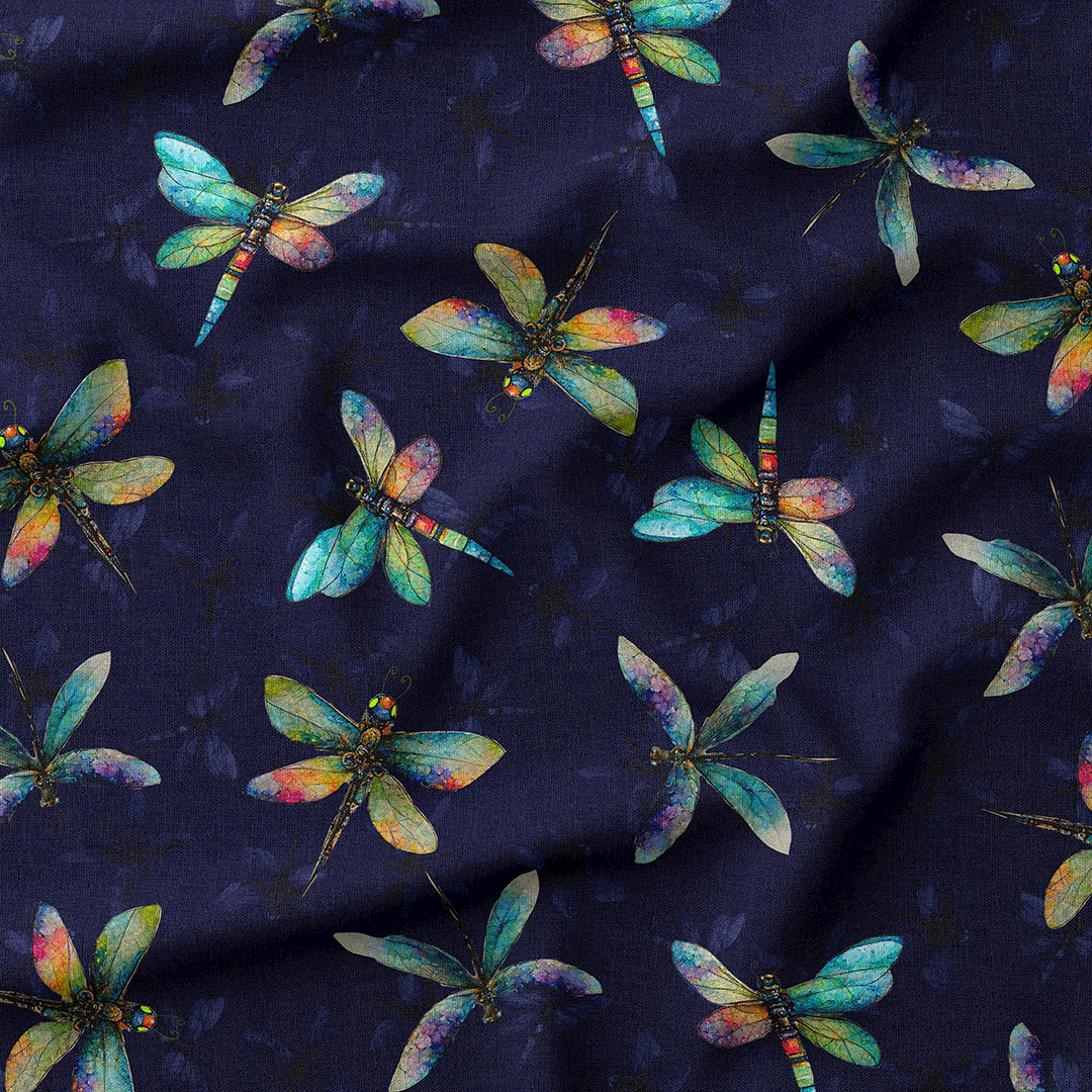 Colourful Dragonflies Navy Fabric