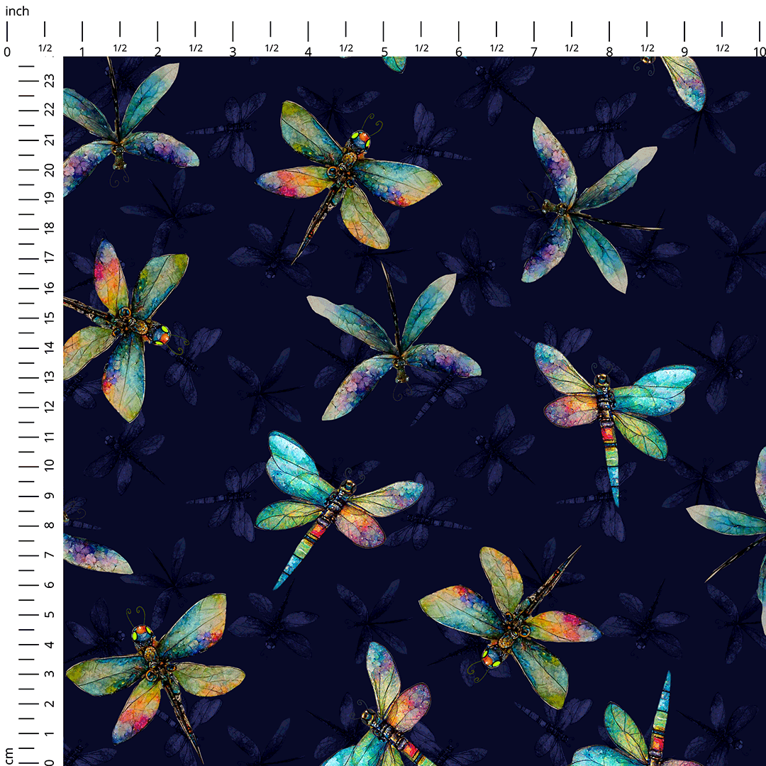 Colourful Dragonflies Navy Fabric