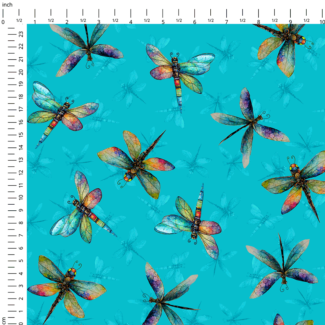 Colourful Dragonflies Teal Fabric