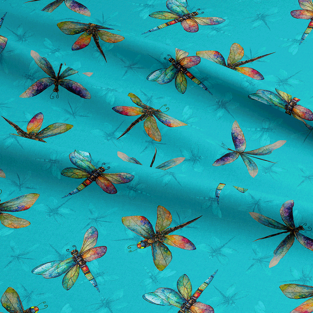 Colourful Dragonflies Teal Fabric