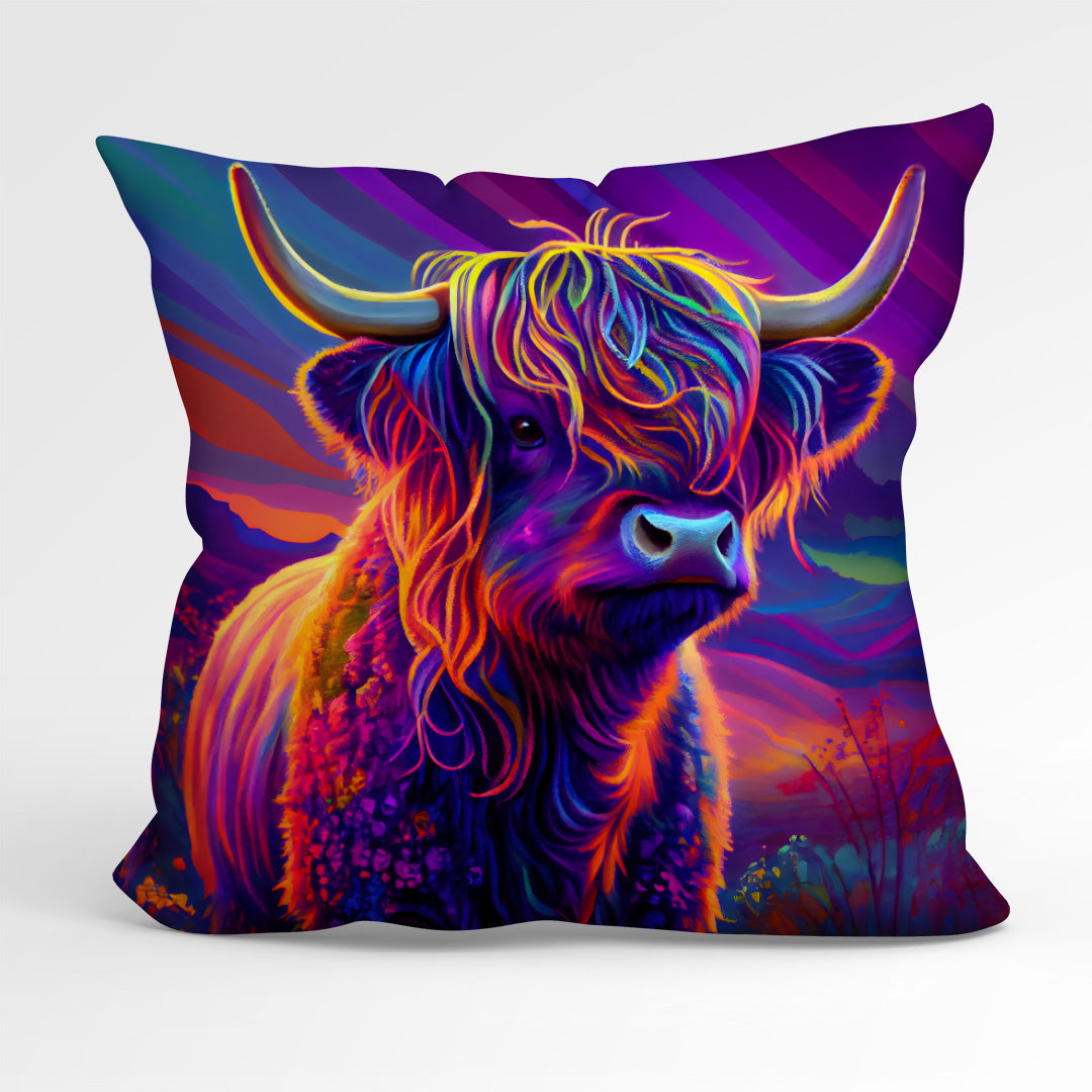 CUSHION Fabric Panel Colourful Highland Cow