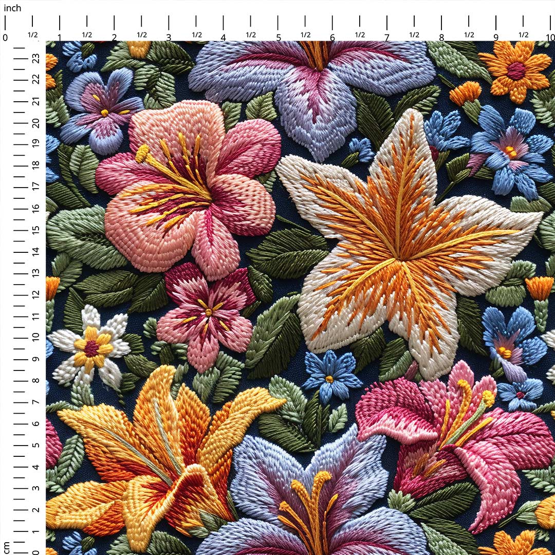 Embroidery Colourful Lillies Fabric