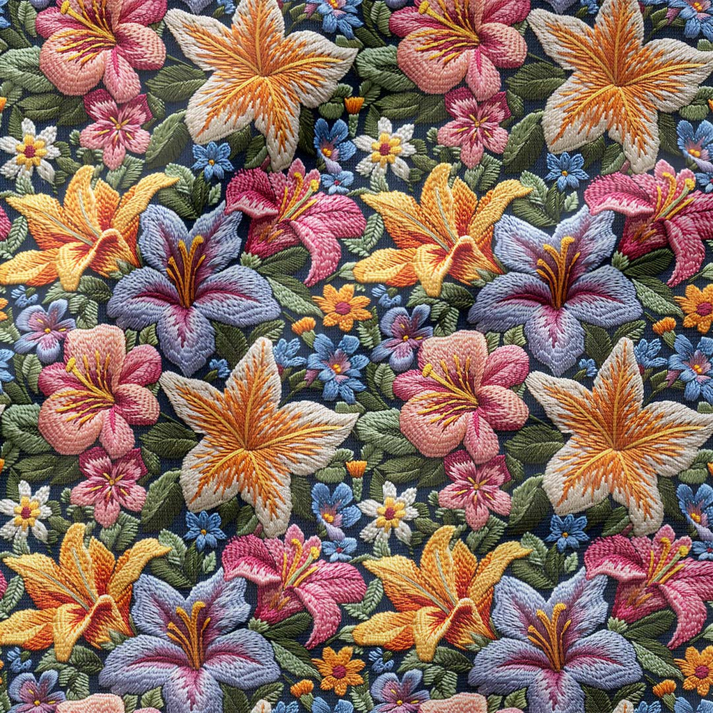 Embroidery Colourful Lillies Fabric